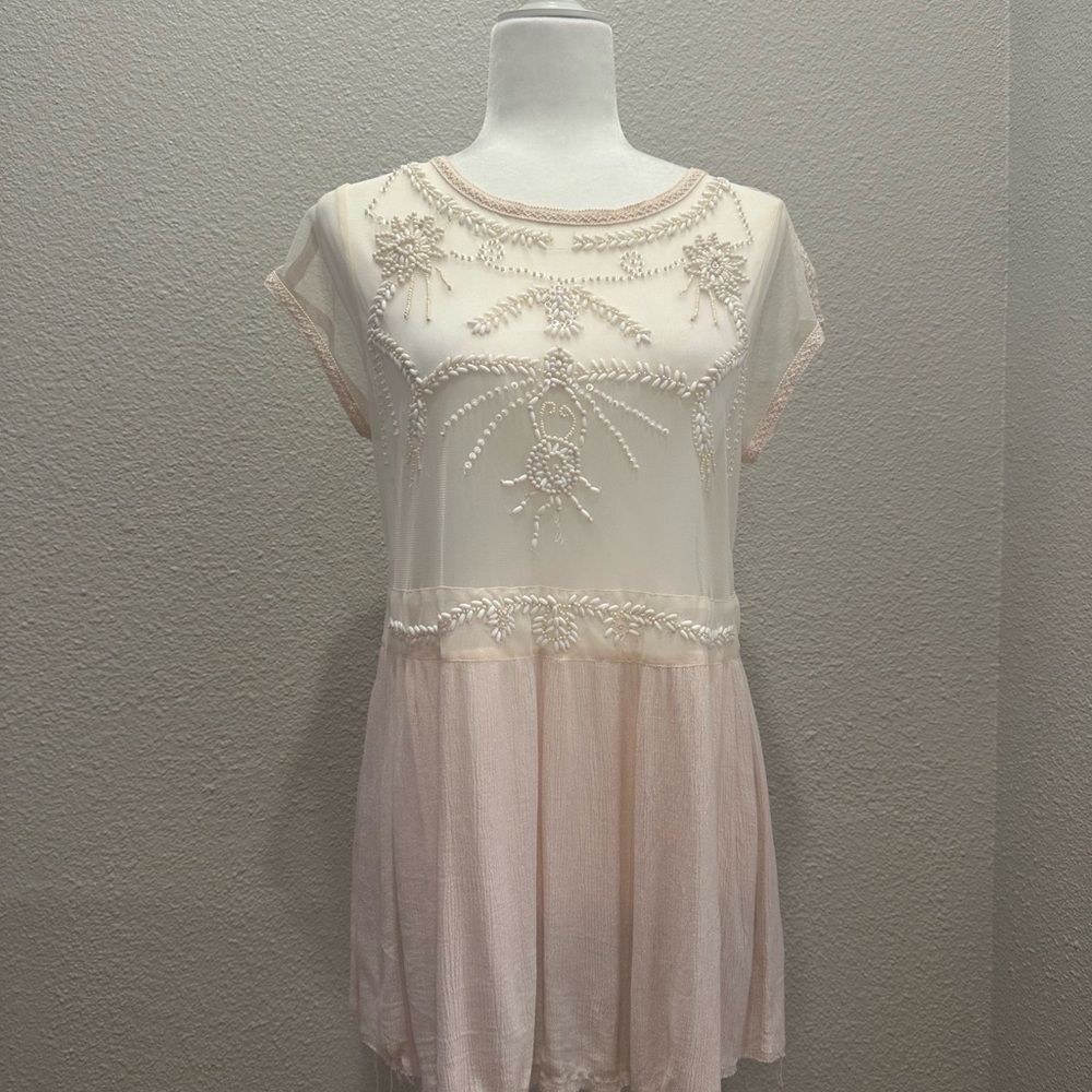 Elegant Cream and Pink Embroidered Dress